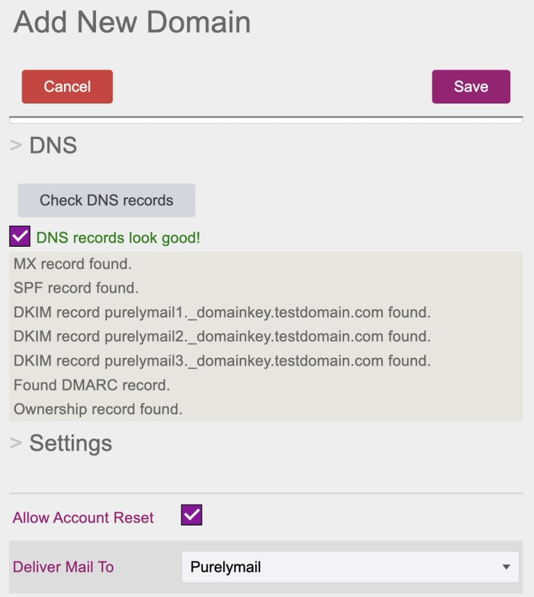 Ảnh minh họa Purelymail kiểm tra DNS record cho domain email